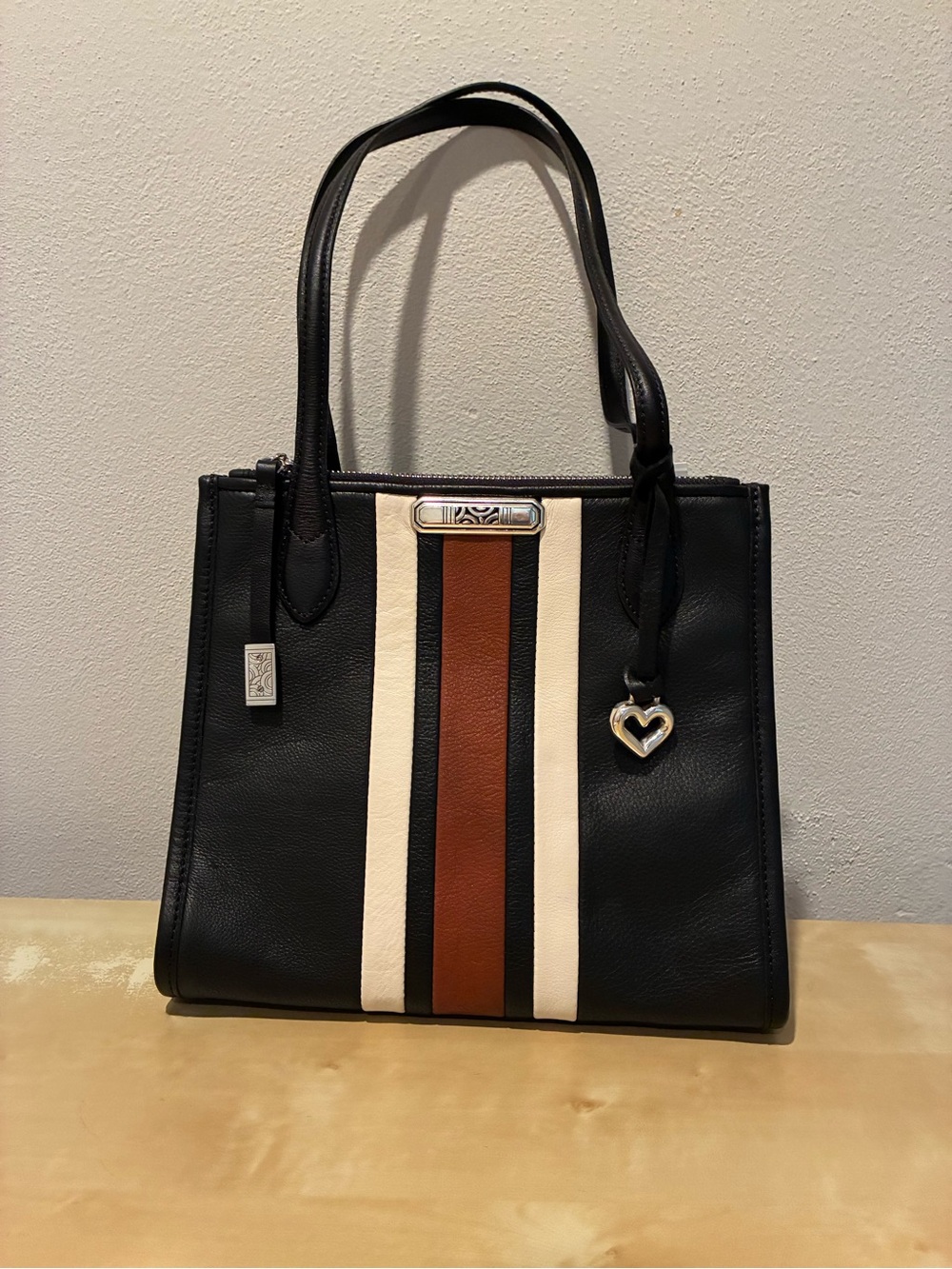 Brighton Leather Tote with Brown and Cream Stripe